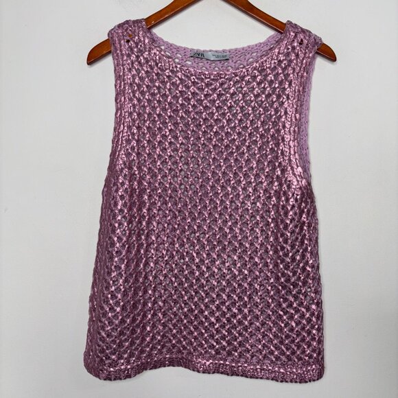 Zara Pink Metallic Crochet Sleeveless Knit Top Women's Size S - Picture 7 of 13